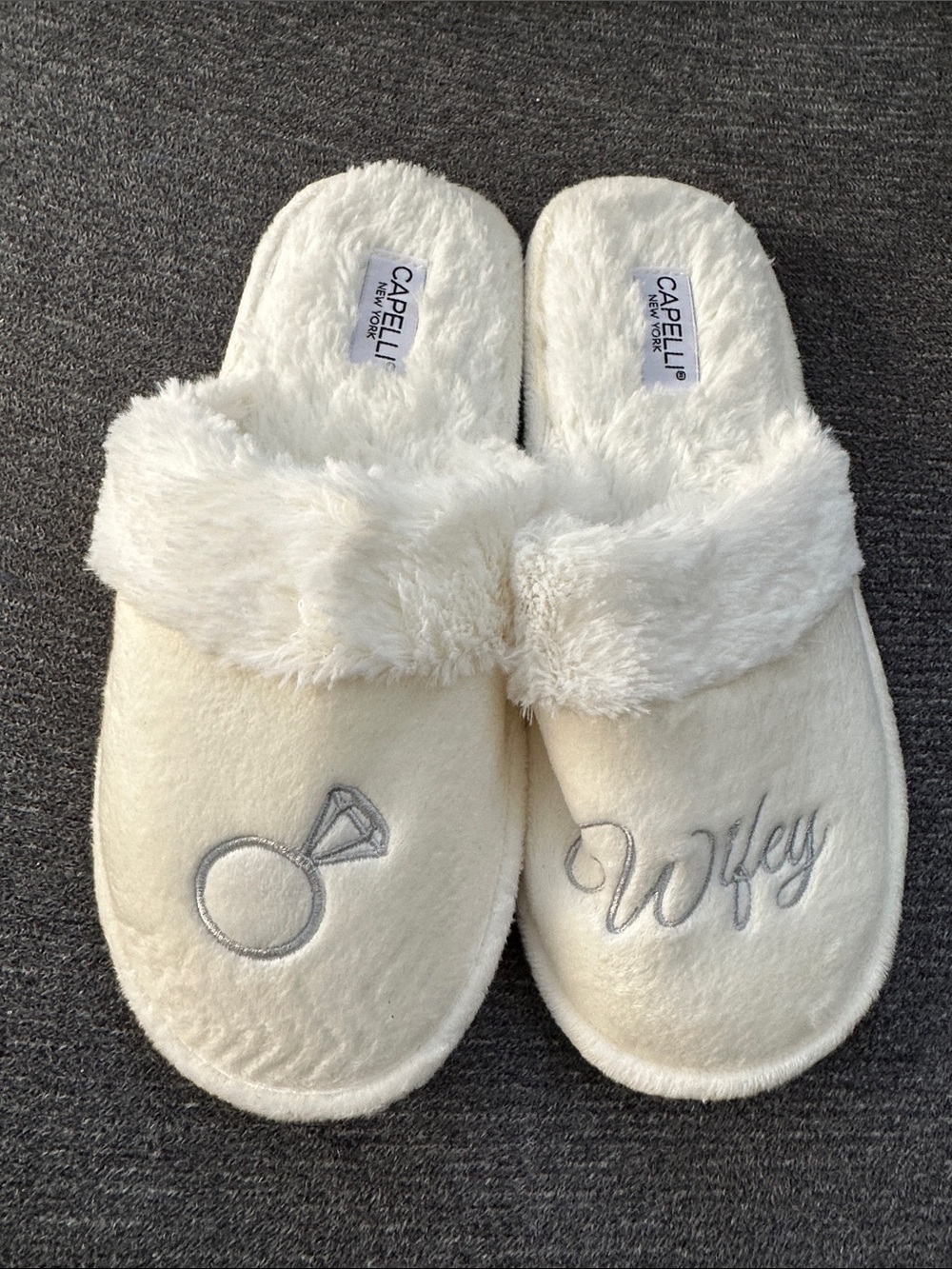 Capelli of New York Cream 'Wifey' Plush Slide Slippers with Silver Embroidery